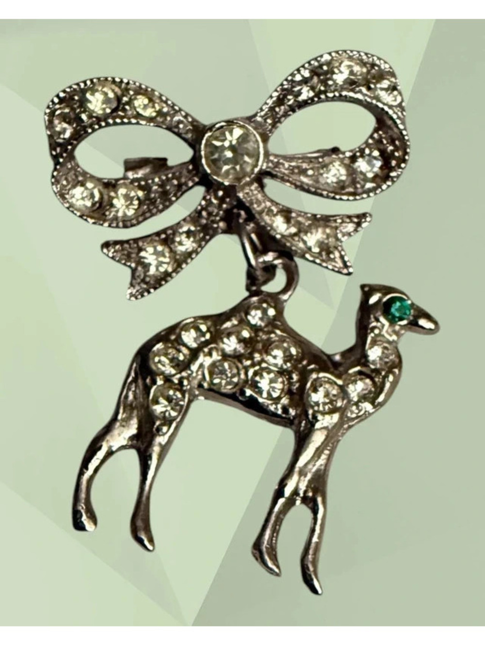 1940-1950 Vintage Signed ORA Rhinestone Dangle Camel Bow Brooch Pin